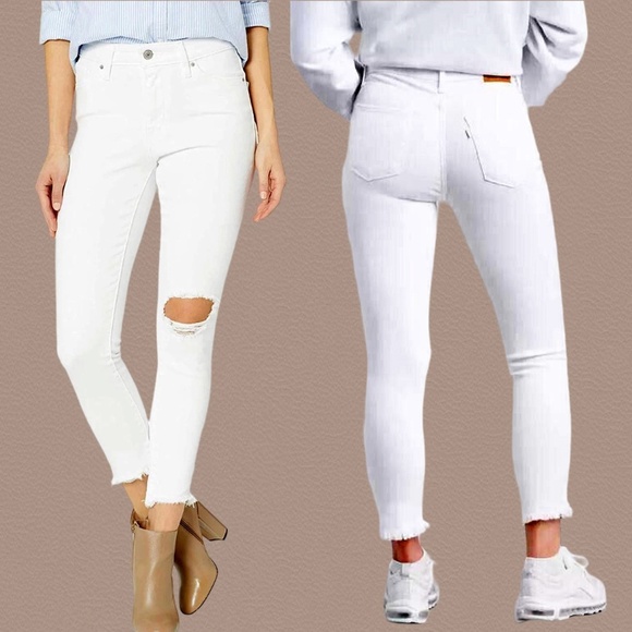 Levis 721 Denim Jeans White Hi-Rise Skinny Ankle 5-Pocket Distressed Raw Hem - Picture 7 of 14
